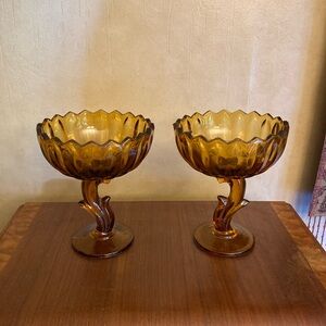 2 vintage Indian Glass Amber Lotus Blossom Compote, Pedestal candy dish